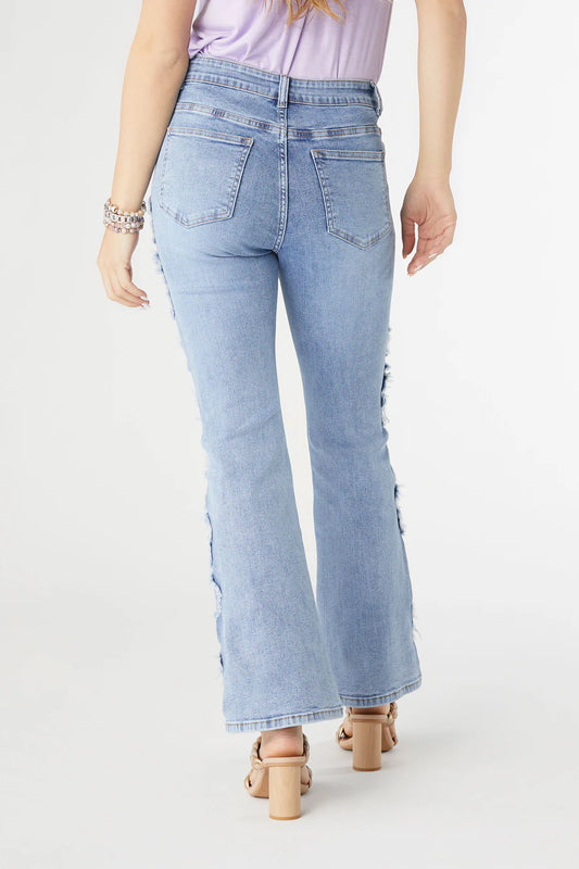 Light blue, high-waisted Everstretch Baby Bootcut Ankle Flower Jeans with frayed side seams, 4-way stretch. Sizes 24–32.