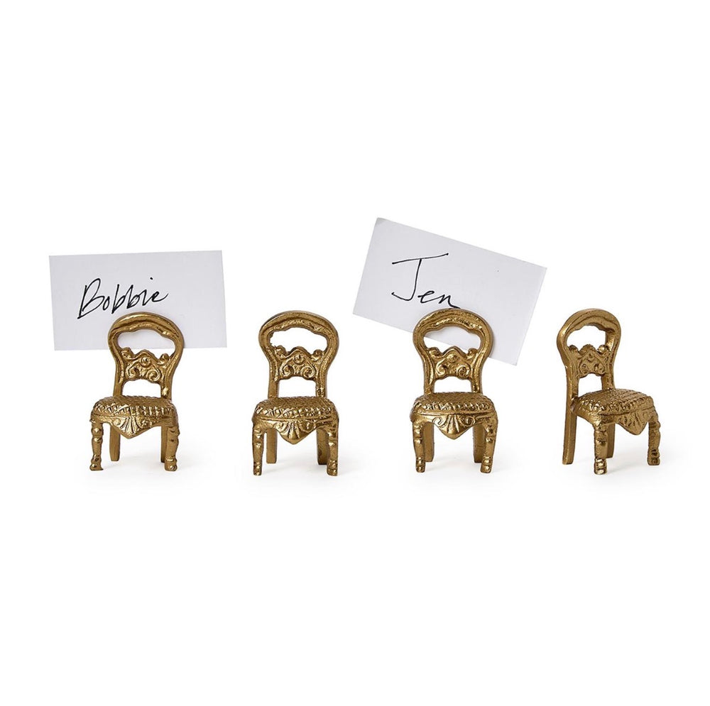 Set of four Sit Please Chair Photo/Place Card Holders in ornate gold finish, each sized for small cards and styled like vintage brass holders. Sizes available: small.
