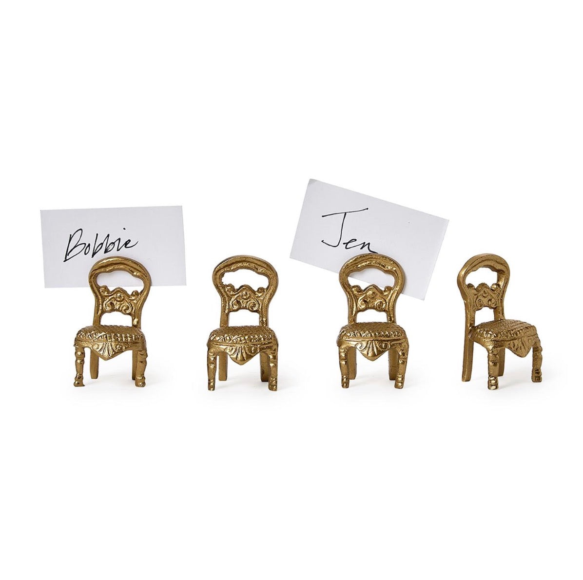 Set of four Sit Please Chair Photo/Place Card Holders in ornate gold finish, each sized for small cards and styled like vintage brass holders. Sizes available: small.