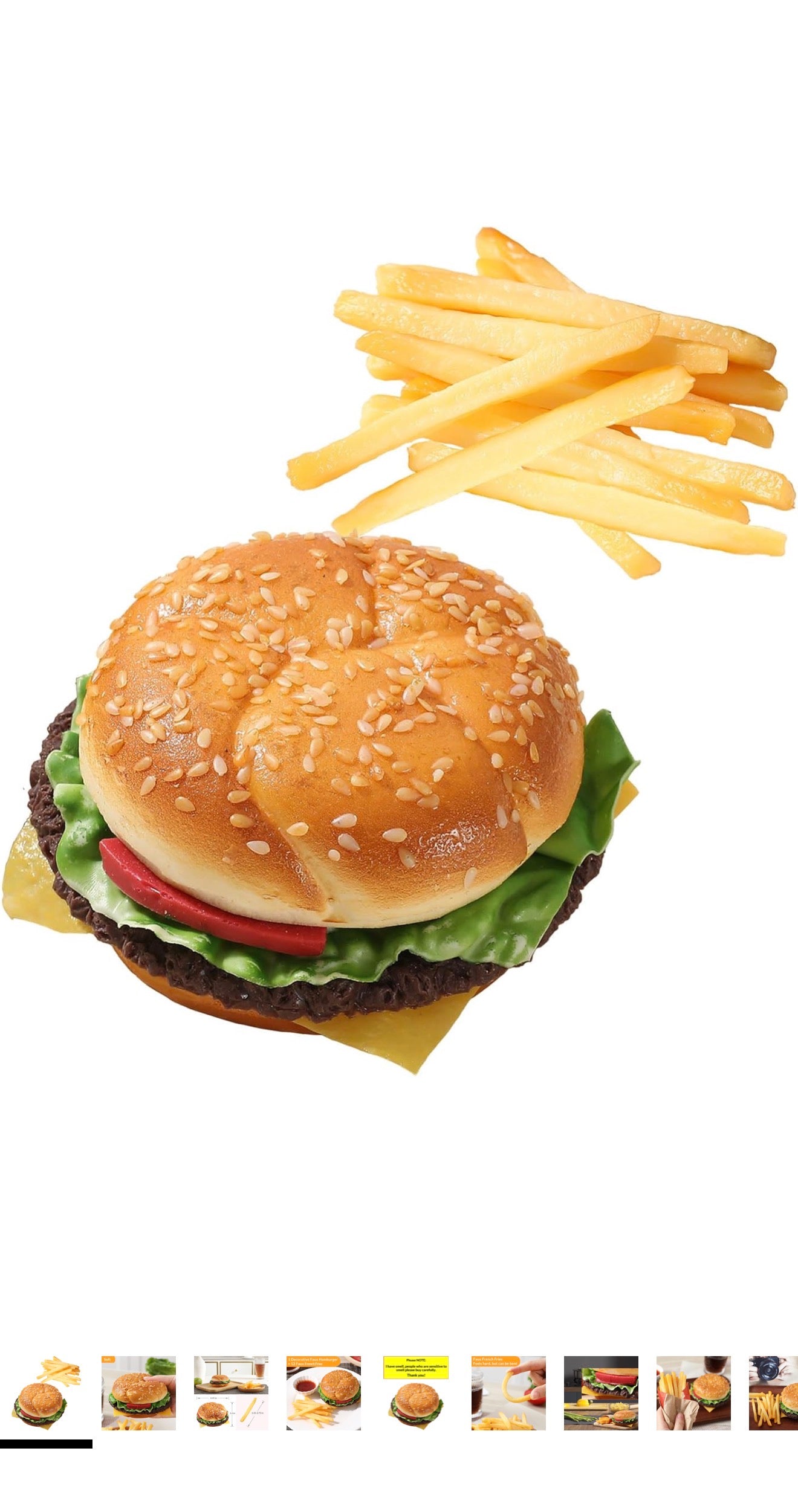Realistic faux hamburger with lettuce, tomato, and sesame bun. Available in small, medium, and large sizes.