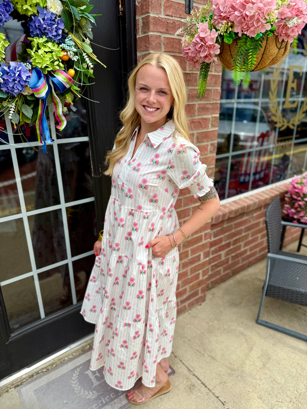 Molly Sweetbriar Dress: white midi, pink floral, smocked sleeves; available in sizes XS–XL.