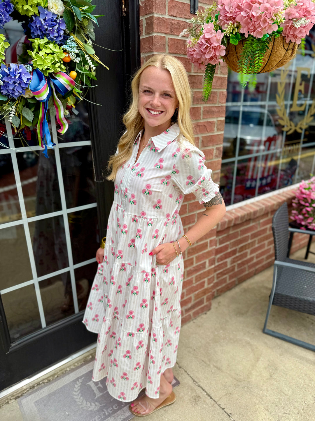 Molly Sweetbriar Dress: white midi, pink floral, smocked sleeves; available in sizes XS–XL.