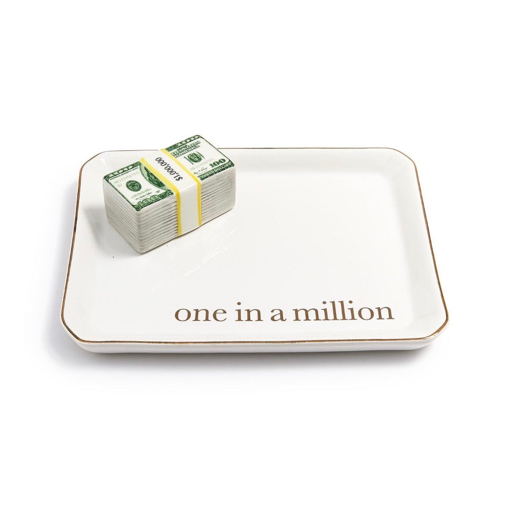 Mahjong Spreaders, rectangular white ceramic tray with gold trim and “one in a million” text.