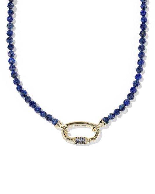 Faceted round dark blue quartz beads with gold-tone oval clasp. Available lengths: 16", 18", and 20".