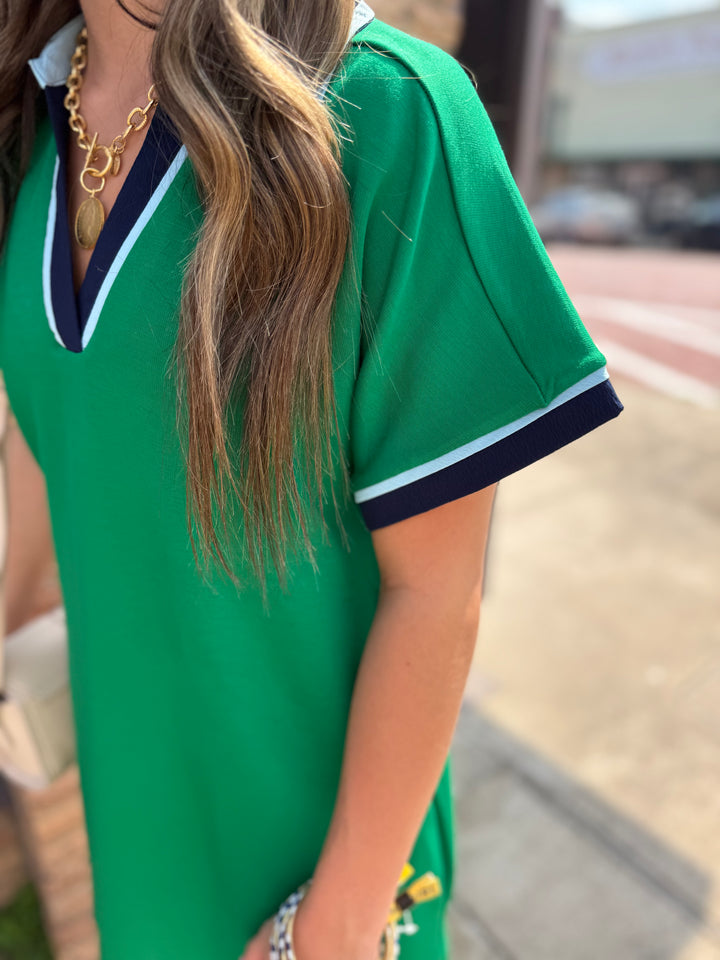 Kelly Green Solid Contrast Accent Dress with short sleeves; available in sizes S, M, L, XL.