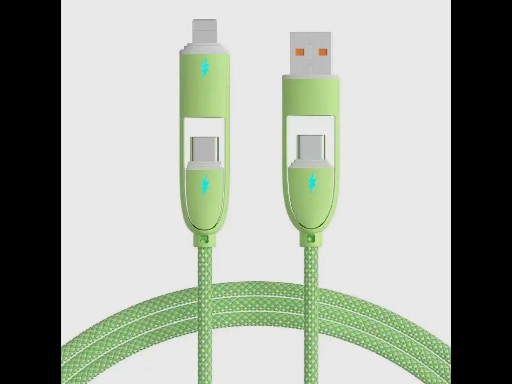 Green 3ft braided 4-In-1 charging cable with interchangeable USB, micro USB, USB-C, and Lightning connectors.