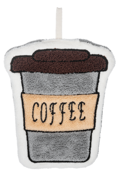 Coffee Decorative Hand Towels with a plush to-go coffee cup patch, brown lid, tan sleeve labeled “COFFEE”; sizes available: standard hand towel.