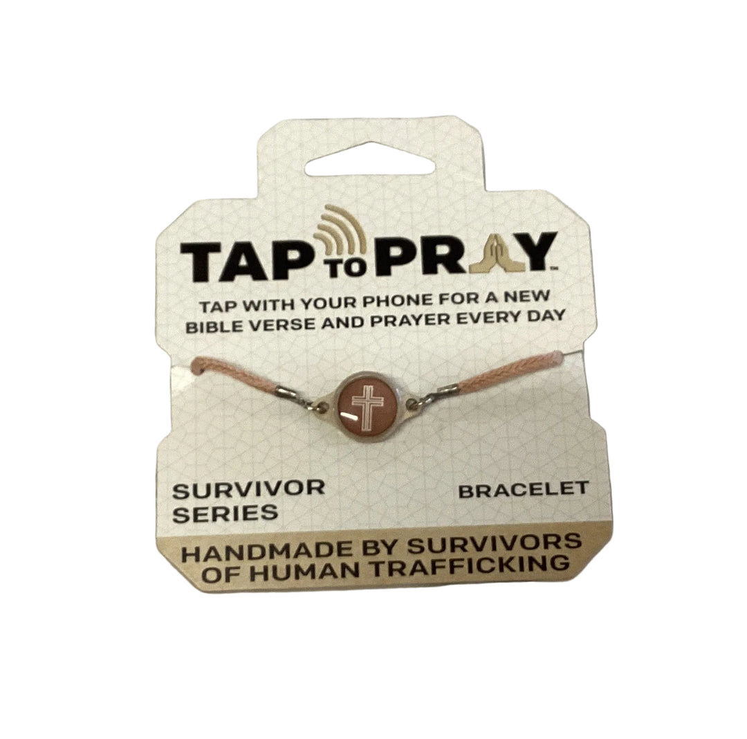 Tap To Pray Bracelet with a round cross charm, handmade by survivors.