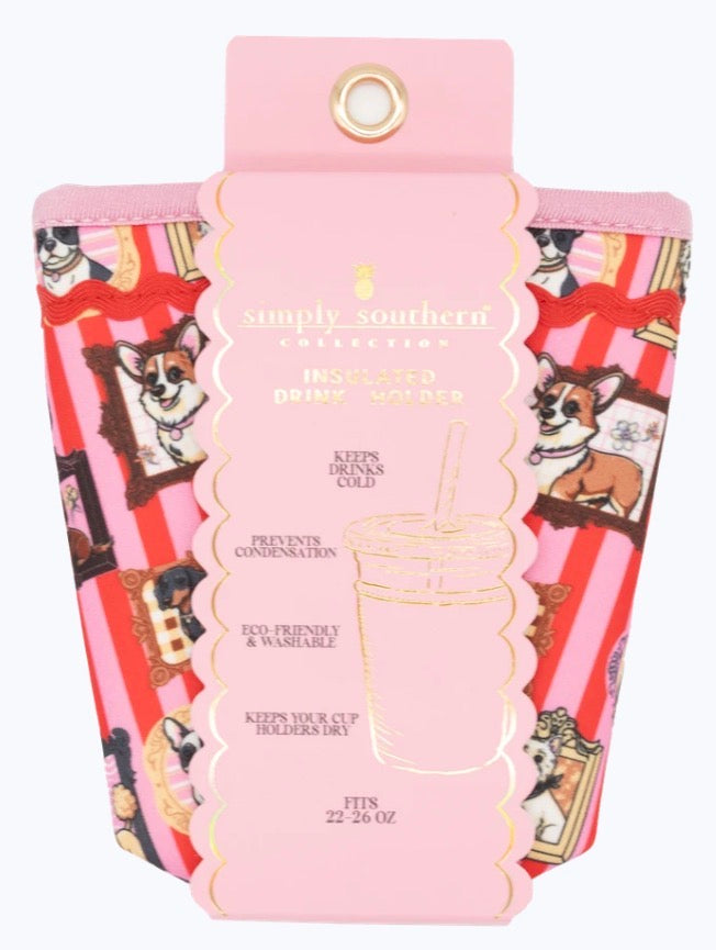 Pink Simply Southern Dog Frame Insulated Drink Holder with cartoon corgi dogs and red stripes. Fits 22–26 oz cups. Eco-friendly, prevents condensation, keeps drinks cold.
