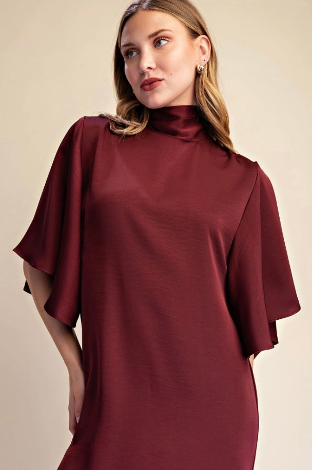 Satin Tie Back Midi Dress in rich burgundy with high neckline and short sleeves. Available in sizes XS-XL.