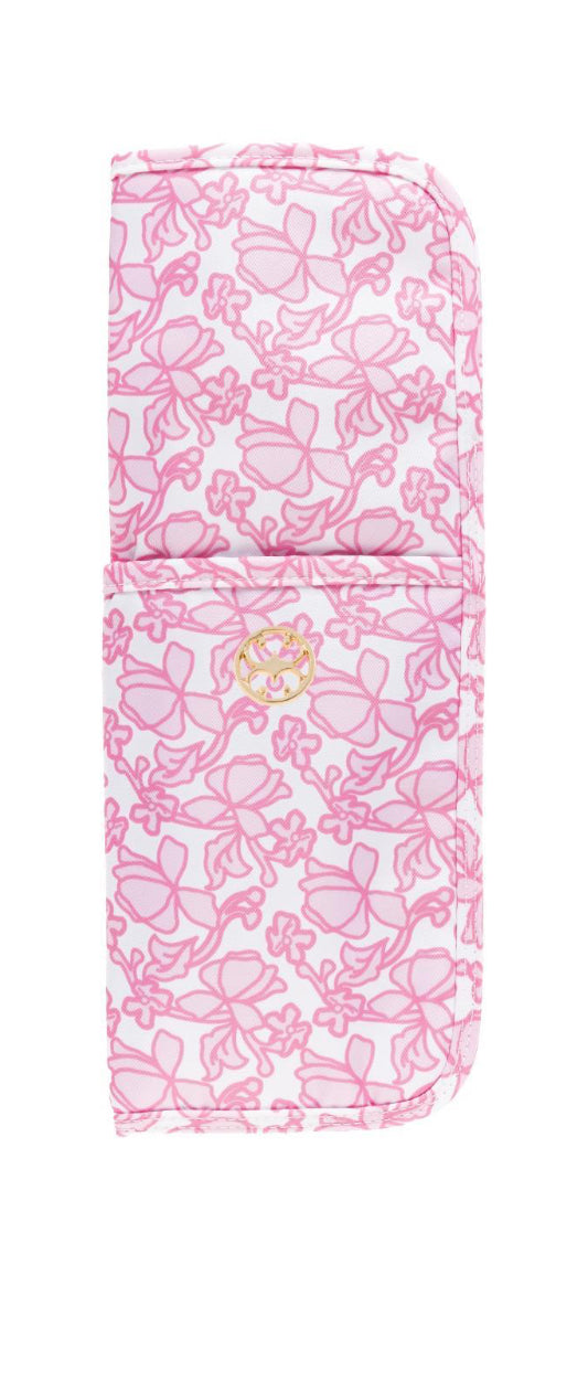Pink and white fabric pouch with ribbon pattern, gold emblem, flap closure; fits curling irons. Available in multiple sizes.