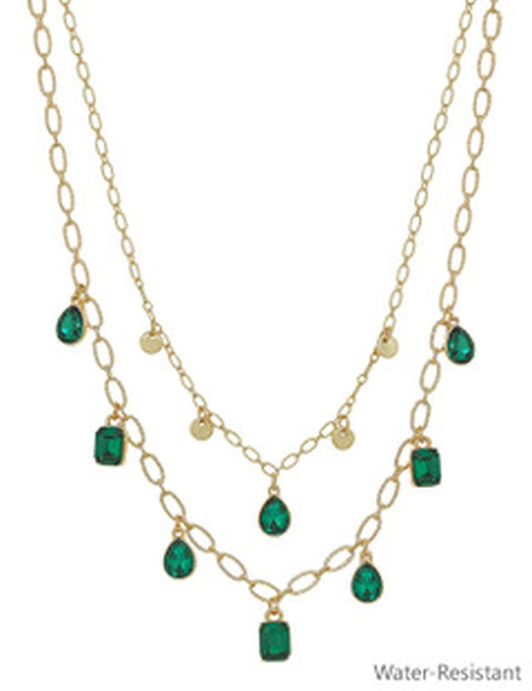 Gold, double-layered adjustable necklace with oval and round chains, green gemstone pendants. Sizes available: S/M/L.