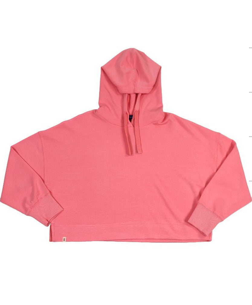 Fun trendy pink cropped hoodie. Front view. 