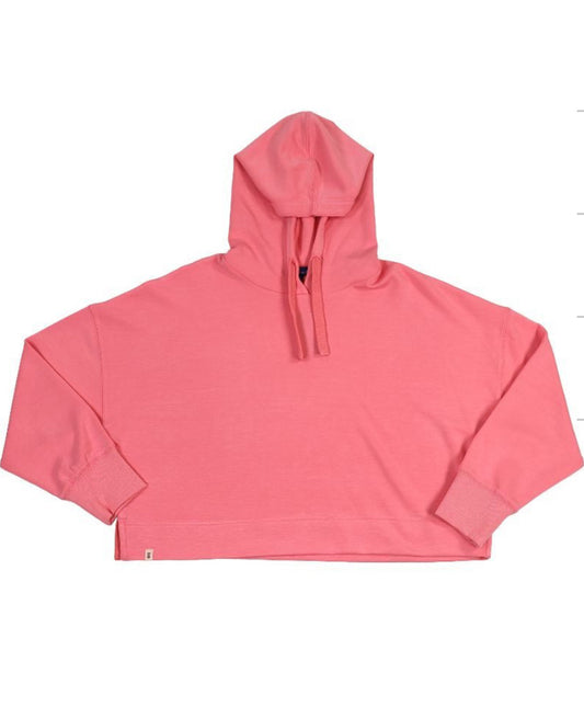 Fun trendy pink cropped hoodie. Front view. 