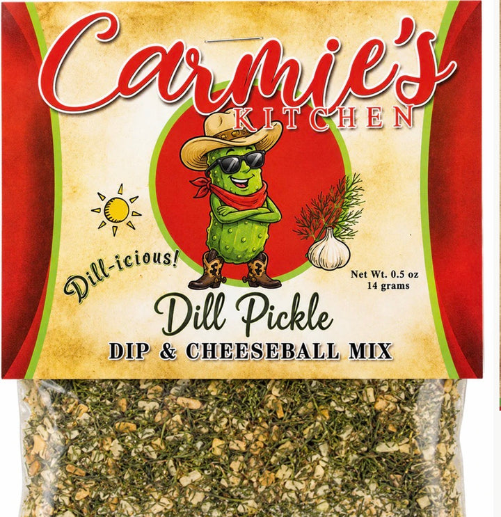 Carmie’s Dip Mix, visible spice blend in clear pouch. Available sizes: 1oz, 2oz. Features cartoon pickle on front.