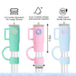 This product features a set of three Straw Cover Caps in light green, pink, and blue. Each cap is adorned with a delicate flower design. The caps are bpa-free and sized to suit large straws.