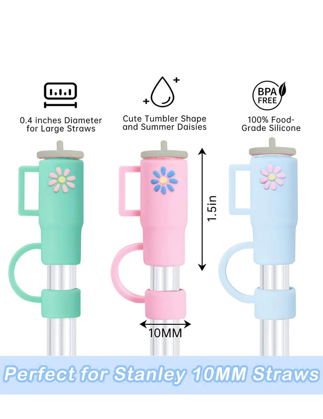 This product features a set of three Straw Cover Caps in light green, pink, and blue. Each cap is adorned with a delicate flower design. The caps are bpa-free and sized to suit large straws.