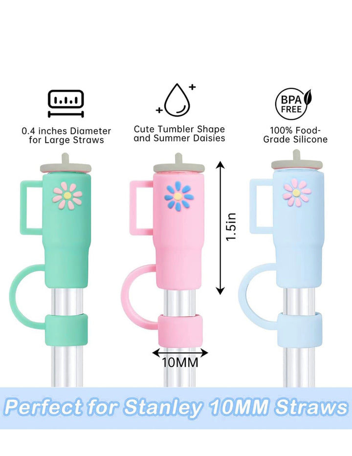 This product features a set of three Straw Cover Caps in light green, pink, and blue. Each cap is adorned with a delicate flower design. The caps are bpa-free and sized to suit large straws.