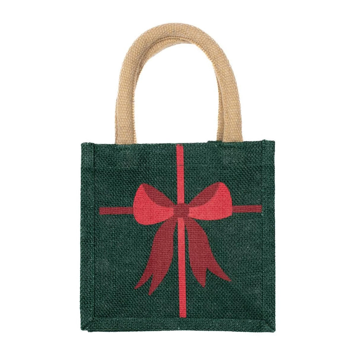 Christmas Bow Petite Tote with green square design, tan woven handles, and red bow graphic.