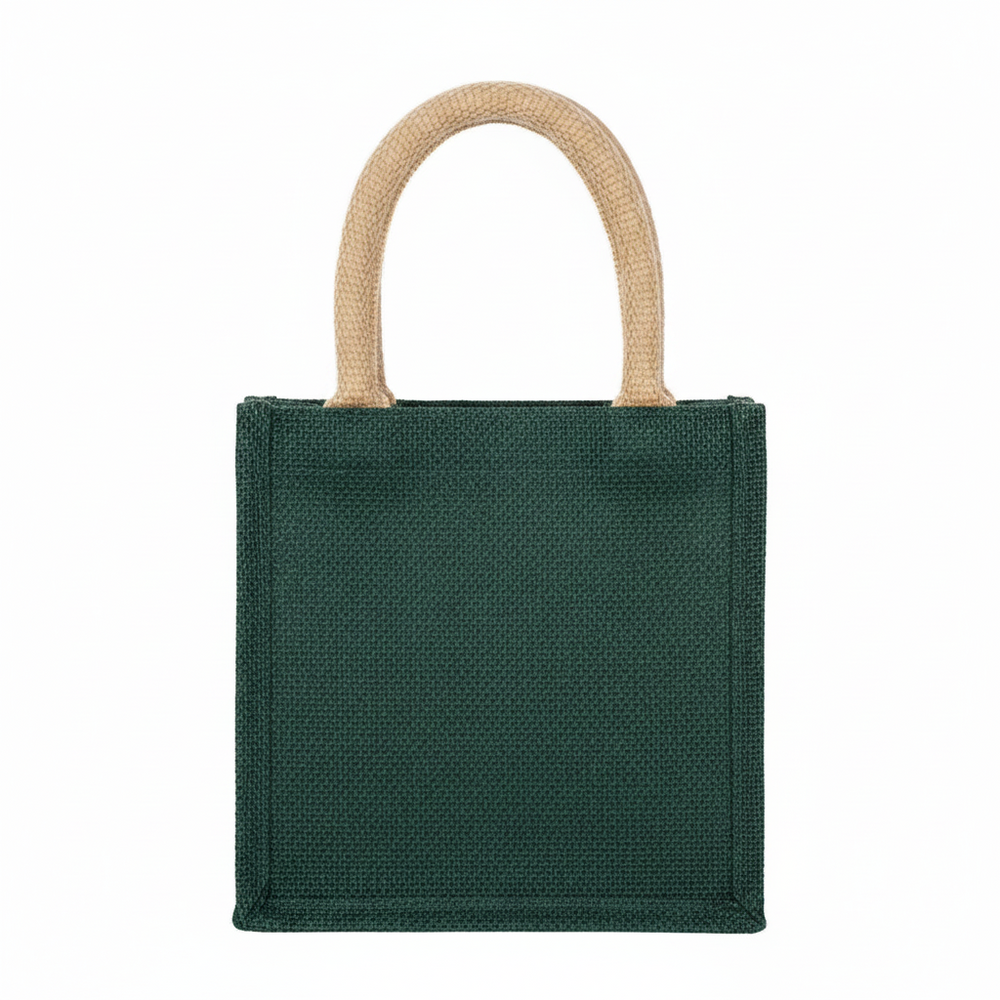 Christmas Bow Petite Tote, small dark green bag with two round tan handles.