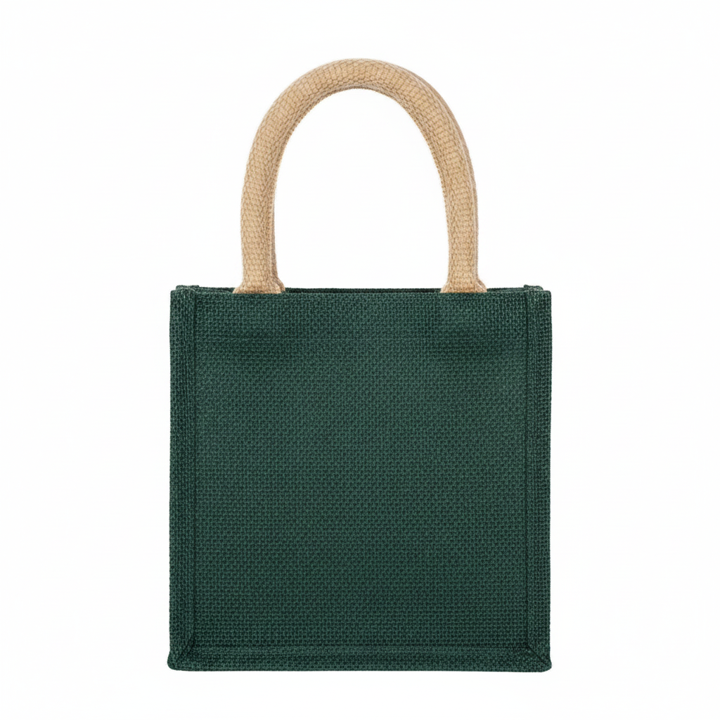 Christmas Bow Petite Tote, small dark green bag with two round tan handles.