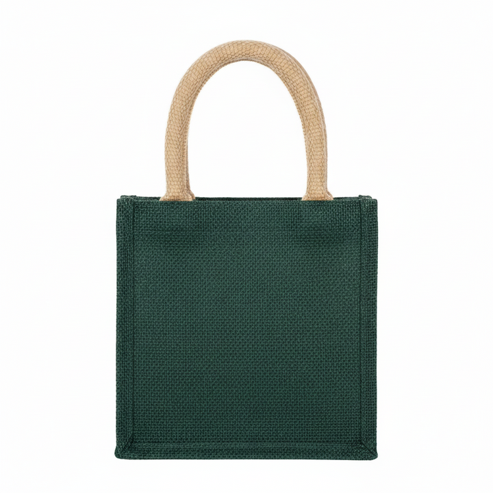 Christmas Bow Petite Tote, small dark green bag with two round tan handles.