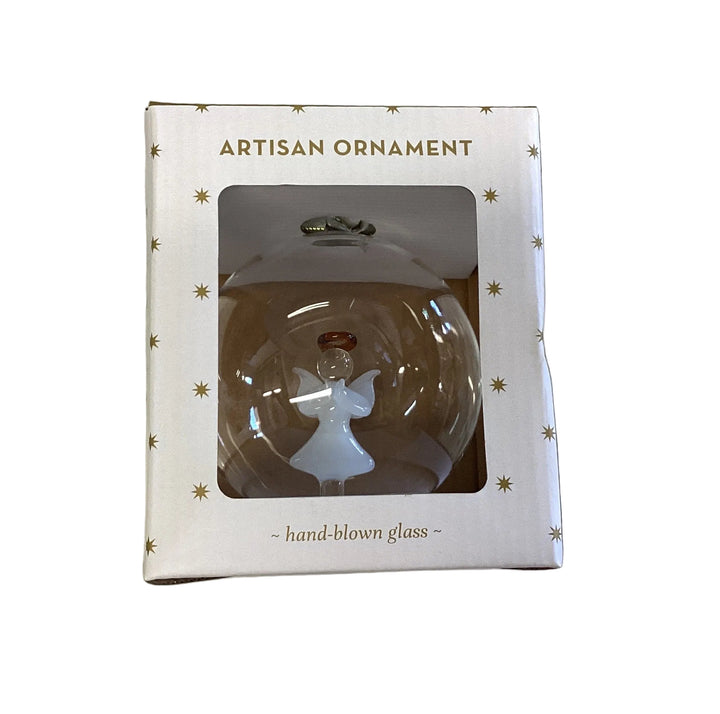 Artisan glass sphere ornament with white angel.