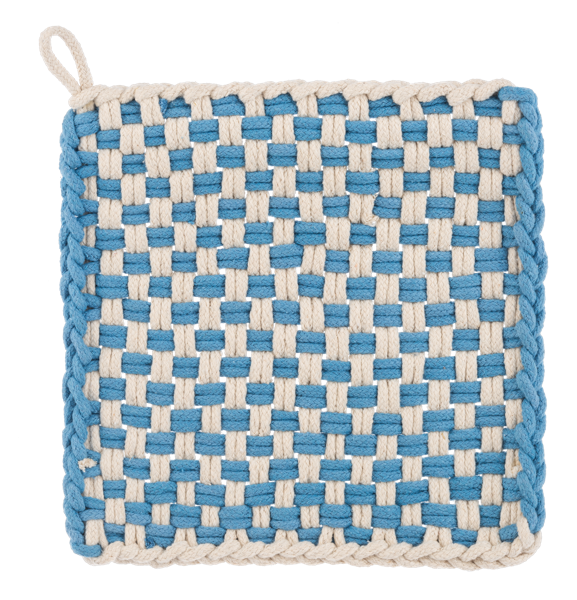 Square, handmade cotton potholders with a blue and cream checkerboard pattern and corner hanging loop. Sizes available: 8″x8″.