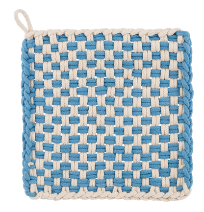 Square, handmade cotton potholders with a blue and cream checkerboard pattern and corner hanging loop. Sizes available: 8″x8″.