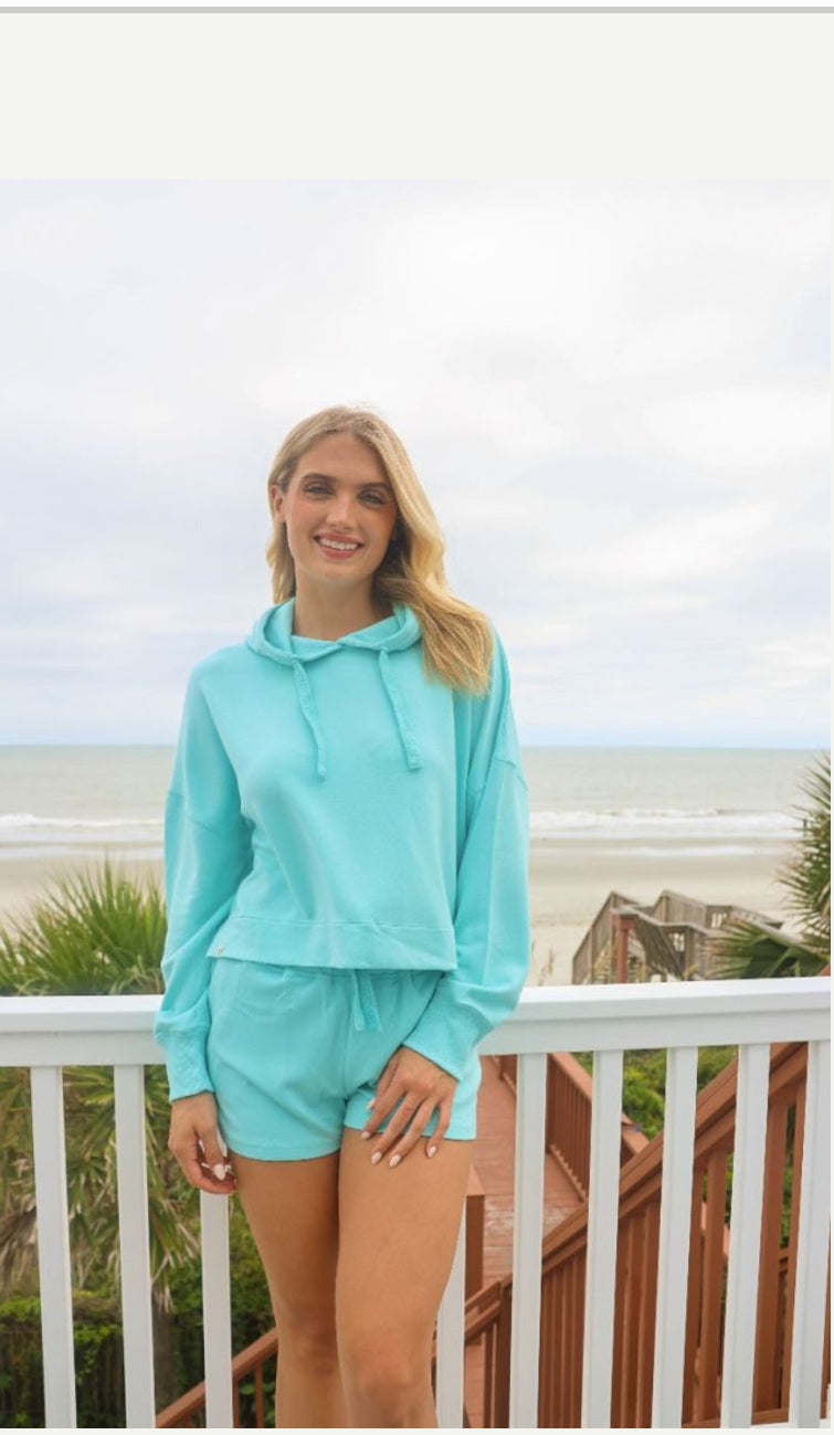 Long sleeve hoodie top, which is blue with the drawstring hoodie