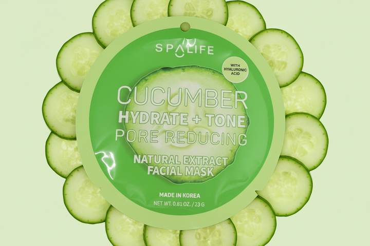 Korean Fruit Infused Face Mask in green packaging with white text; hydrating. Available in single and multi-pack sizes.