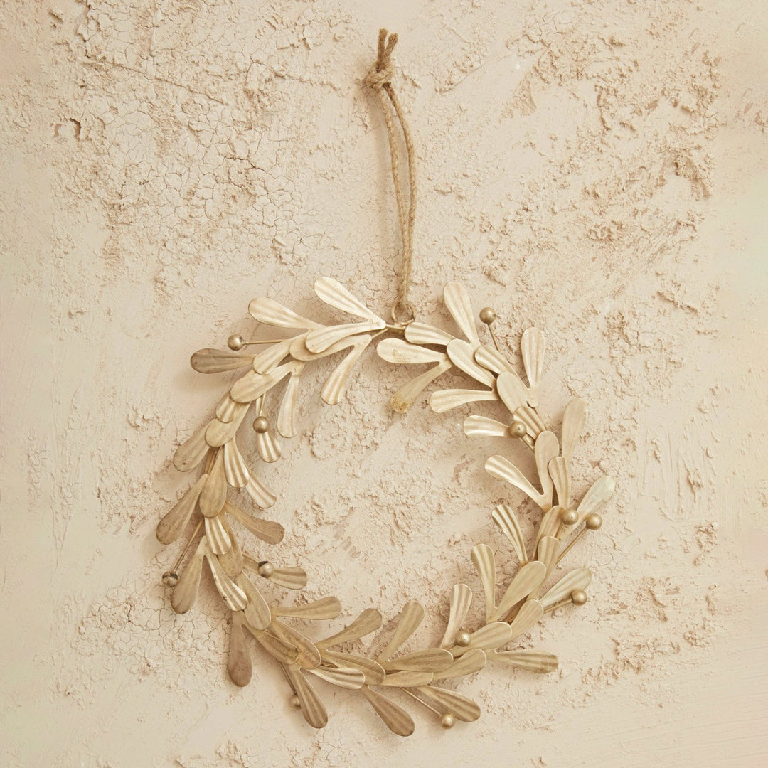 11” Round Metal Leaves &amp; Berries Wreath, Distressed Pewter.