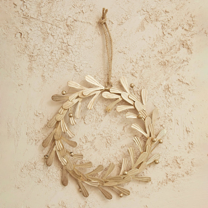 11” Round Metal Leaves &amp; Berries Wreath, Distressed Pewter.