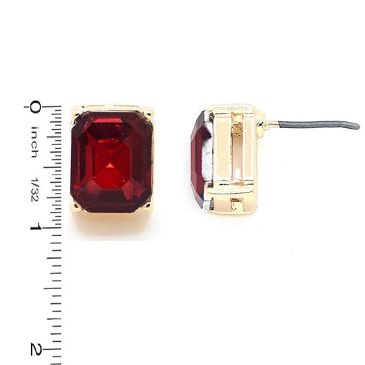 The Racheal Earrings: gold-tone studs with rectangular red gemstones, about 0.5 inches long. Shown front and side views.