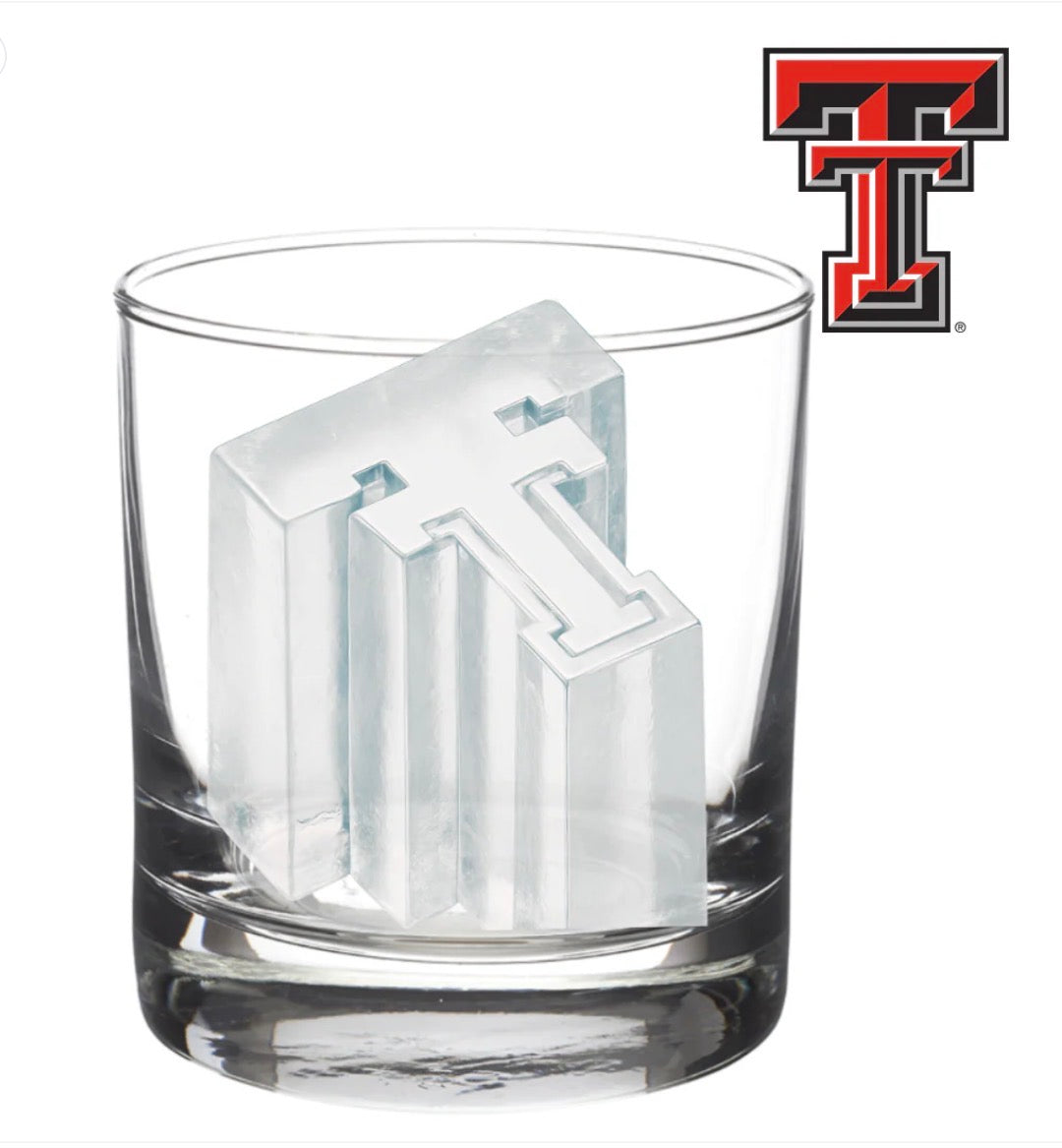 Clear glass with a large Texas Tech University double "T" ice cube made using Large University Ice Molds, available in multiple sizes.