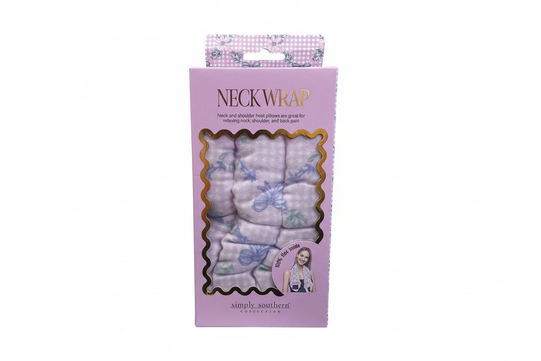 Pastel butterfly-patterned Neck Wrap in purple Simply Southern "NECK WRAP" box with cut-out window. Sizes: S/M, L/XL.