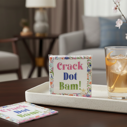 A set of Crack Dot Bam! Cocktail Napkins in a mahjong-themed design is neatly arranged on a tray. Available sizes: cocktail.