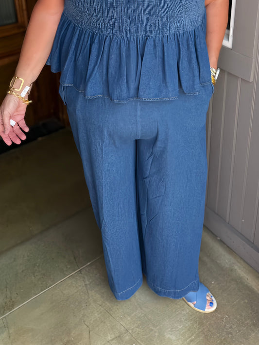 Blaire Chambray Scallop Wide Leg Pants in light blue with scalloped hem. Available in sizes XS-XL.