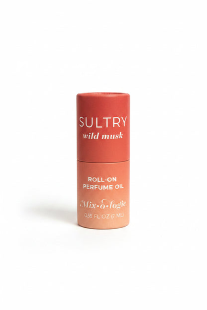 Red cylindrical Keychain Mini Rollerball Perfume labeled "Sultry Wild Musk," available in mini sizes; for sensitive skin.