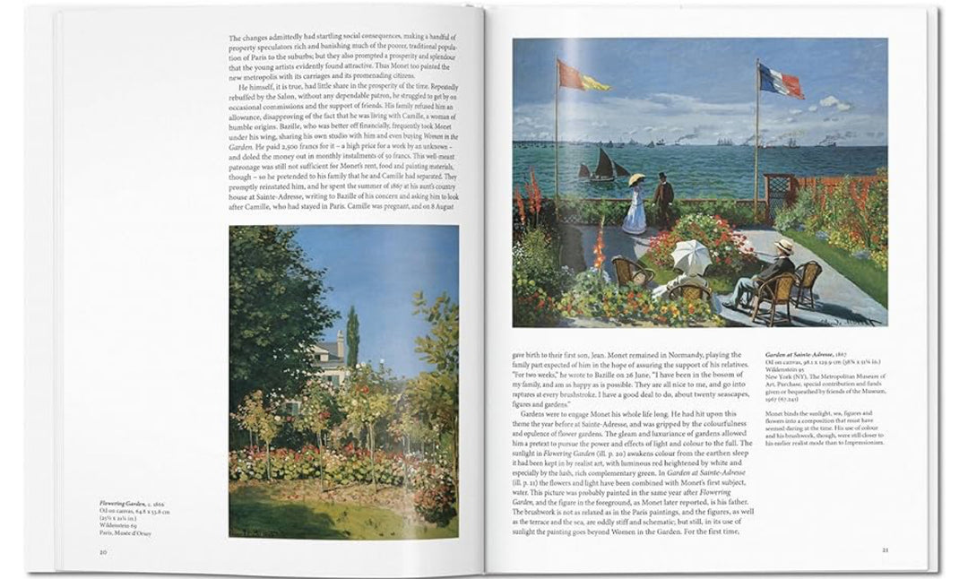 The Monet Book features an Impressionist painting of a garden scene, available in standard and deluxe editions.