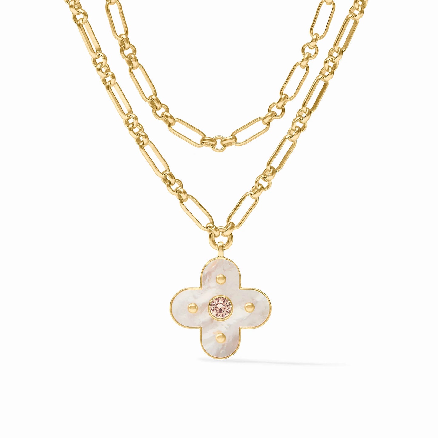 Colette Statement Necklace: double-layered 24K gold, large links, clover mother of pearl pendant with pink gemstone. Sizes available.