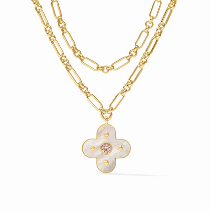 Colette Statement Necklace: double-layered 24K gold, large links, clover mother of pearl pendant with pink gemstone. Sizes available.