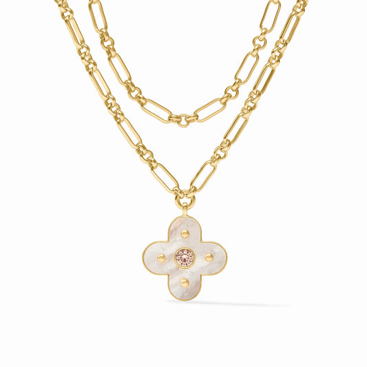 Colette Statement Necklace: double-layered 24K gold, large links, clover mother of pearl pendant with pink gemstone. Sizes available.