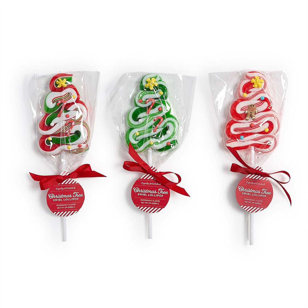 Three Christmas Tree Swirl Lollipops in clear packaging with red bows and product labels.