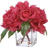 Red peonies with green leaves in a clear small glass vase. Available sizes: small, medium, large.