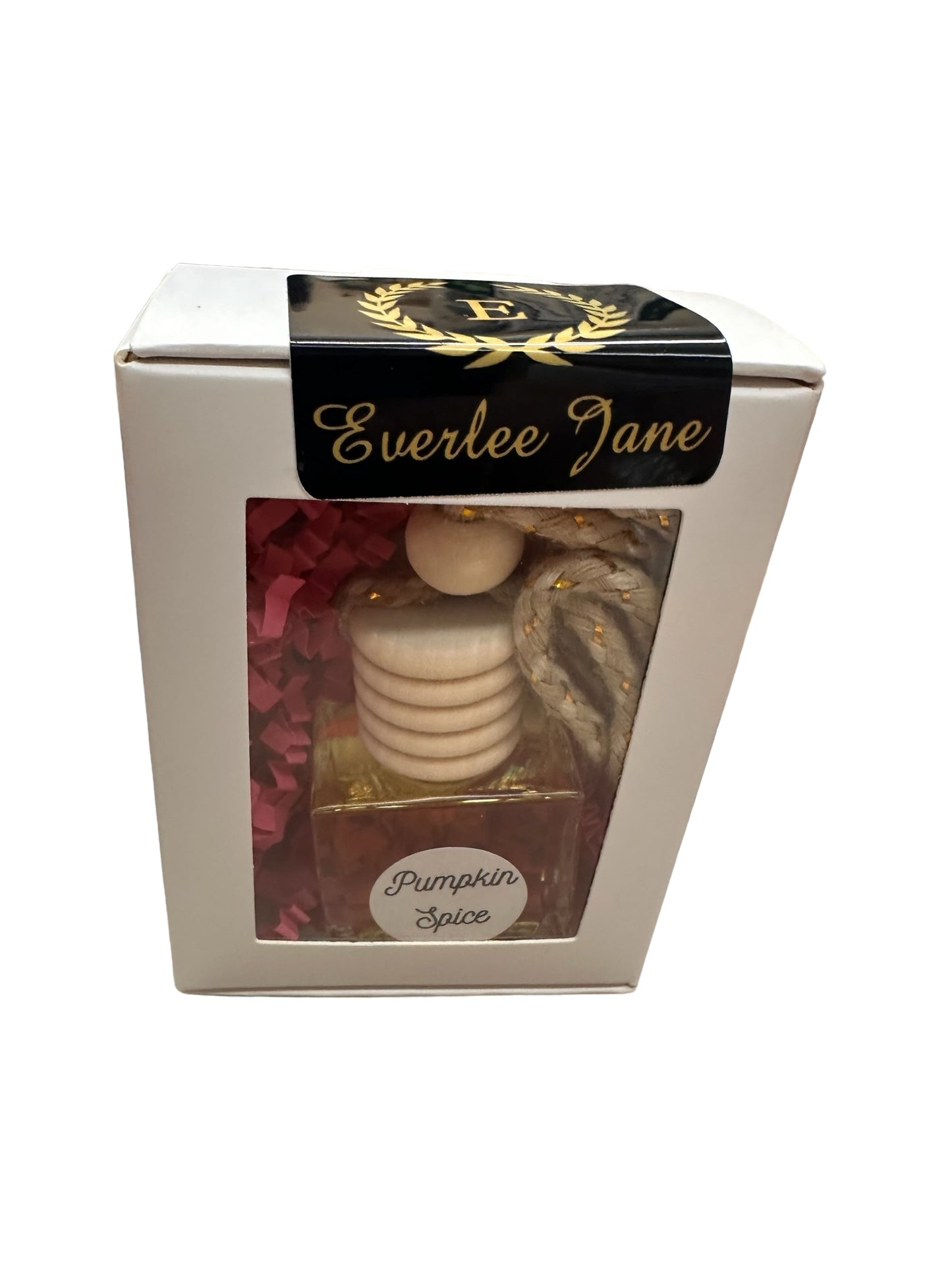 White gift box with transparent window displaying "Car Diffusers." Features black and gold label with "Everlee Jane" and pink decorative filler inside. Sizes available: Small, Medium, Large.