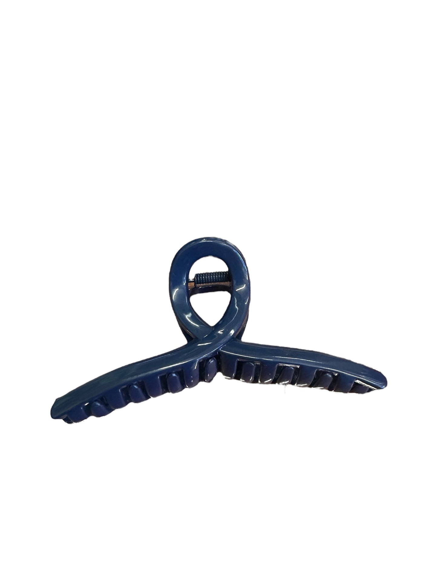 Blue hair claw clip with a curved design and interlocking teeth, ideal for securing hair. Available size Medium