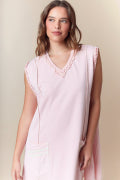 Gillian Pink Terry Dress: light pink sleeveless A-line with lace trim at V-neck and armholes. Available in sizes XS-XL.
