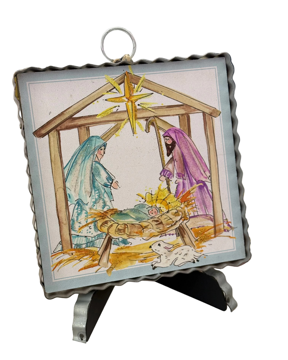 Mini Gallery Art Beck’s Holy Family square metal ornament featuring a watercolor-style illustration of the Holy Family in a stable with a star.