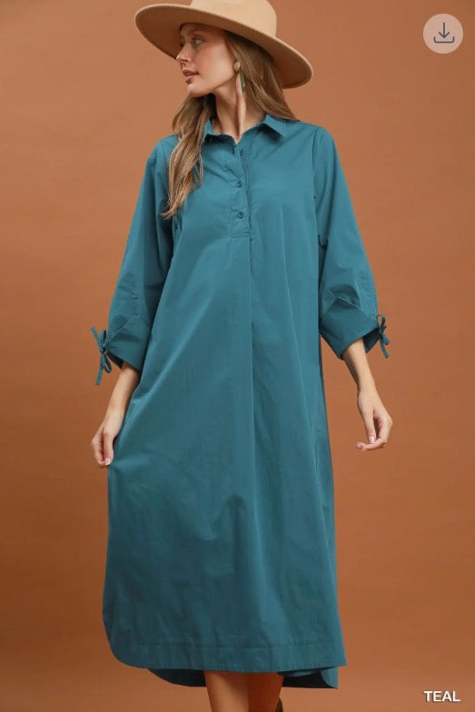 Teal collared button detail relaxed midi dress with tied cuffs, cotton. Available in sizes XS-XL.